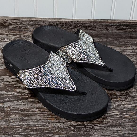 Skechers Arch Fit Women's Black/Rhinestone Comfort Walking Flip Flop Size 9 - Picture 3 of 7